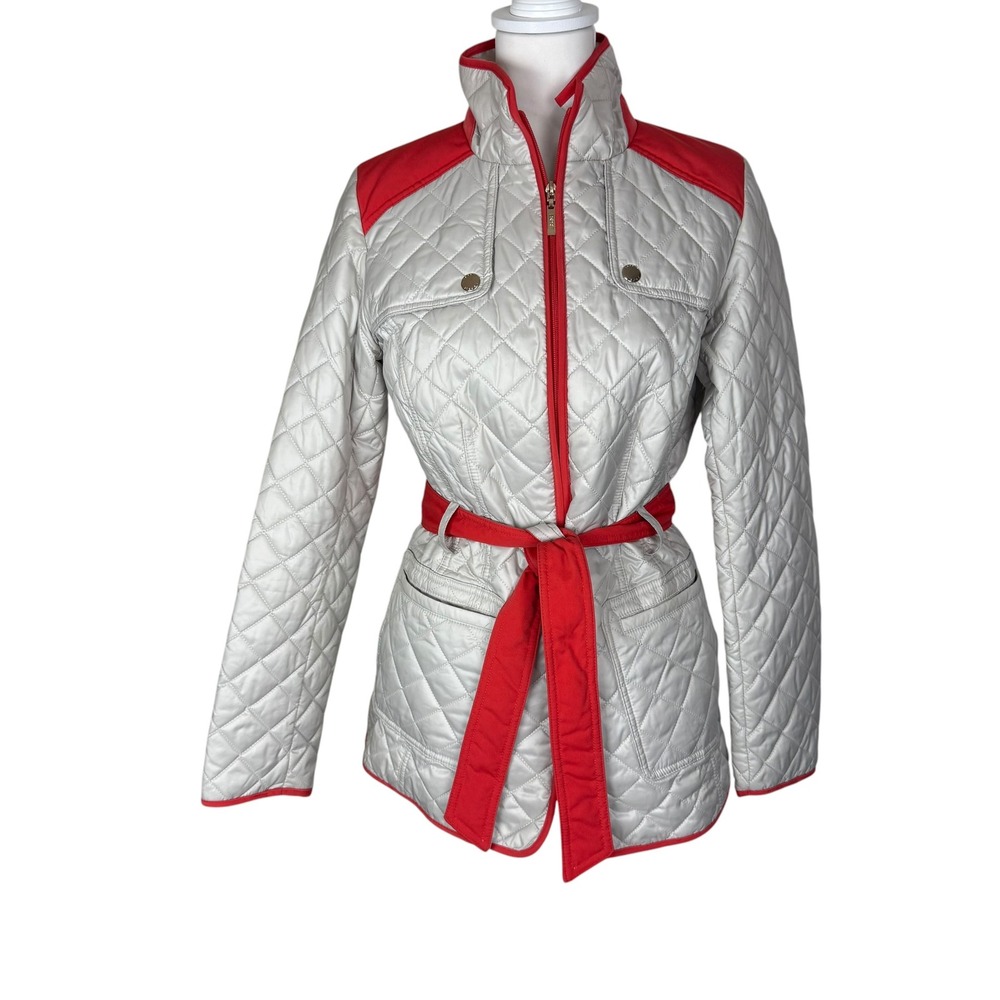 Esprit Women Cream Orange Quilted Belted Jacket Size Small Full Zip Stand Collar